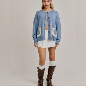 NWT Le Lis Slate Blue Cardigan with Cream Horseshoe Design